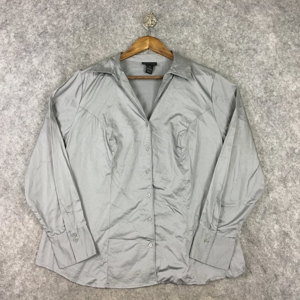 Lane Bryant Top 18 Blouse Long Sleeve V Neck Collared Button Up Gray Career
